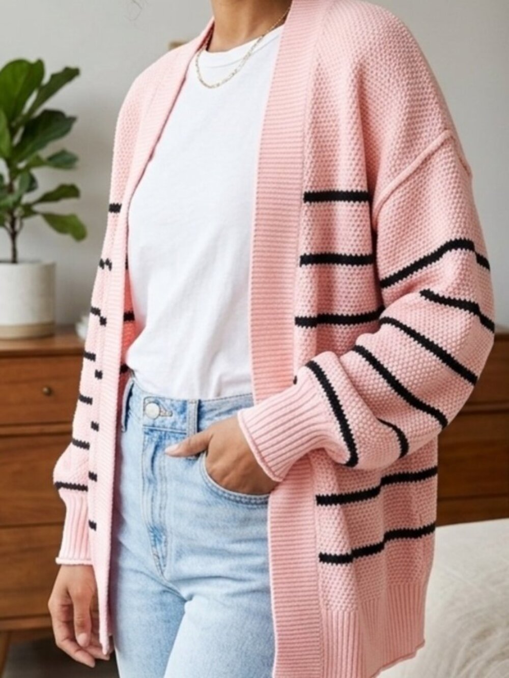 Anthropologie Woman's Pink Striped Waffle Knit Open-Front Cardigan Sz one size